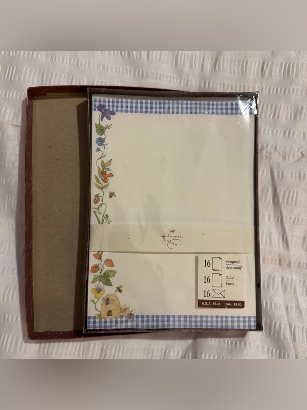 Vintage Hallmark Boxed Stationery Set Cottagecore Blue Gingham Strawberry Bee